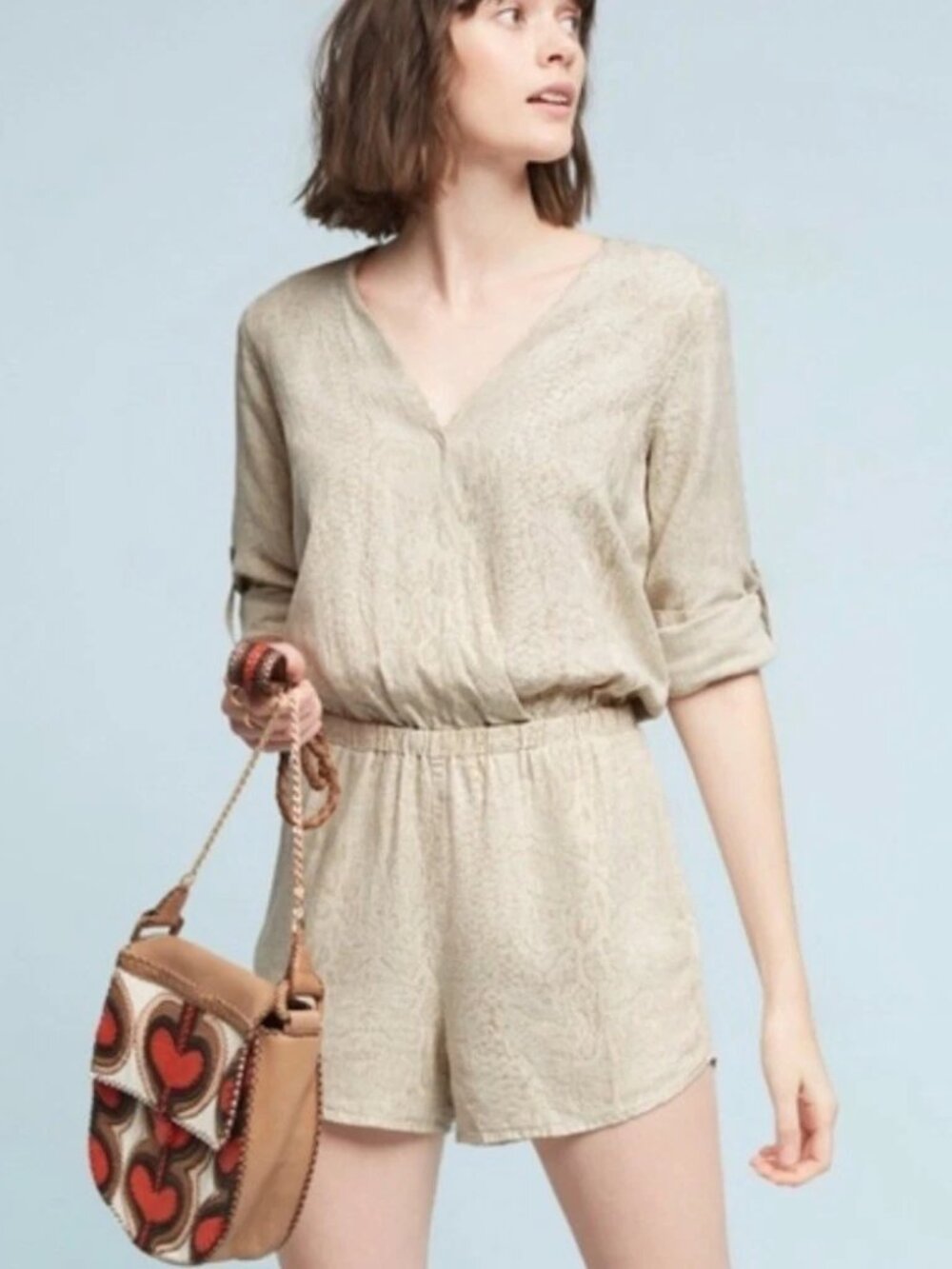 Anthropologie Cloth & Stone Dahl Snakeskin Print Romper Sz XS Linen Blend Safari